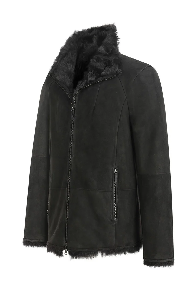 Anthrazitfarbene Lammfelljacke