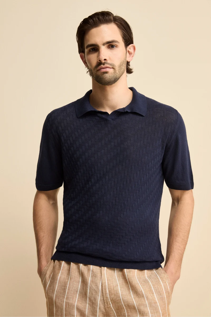 Polo Derby Mezza Manica in Misto Lino - NAVY