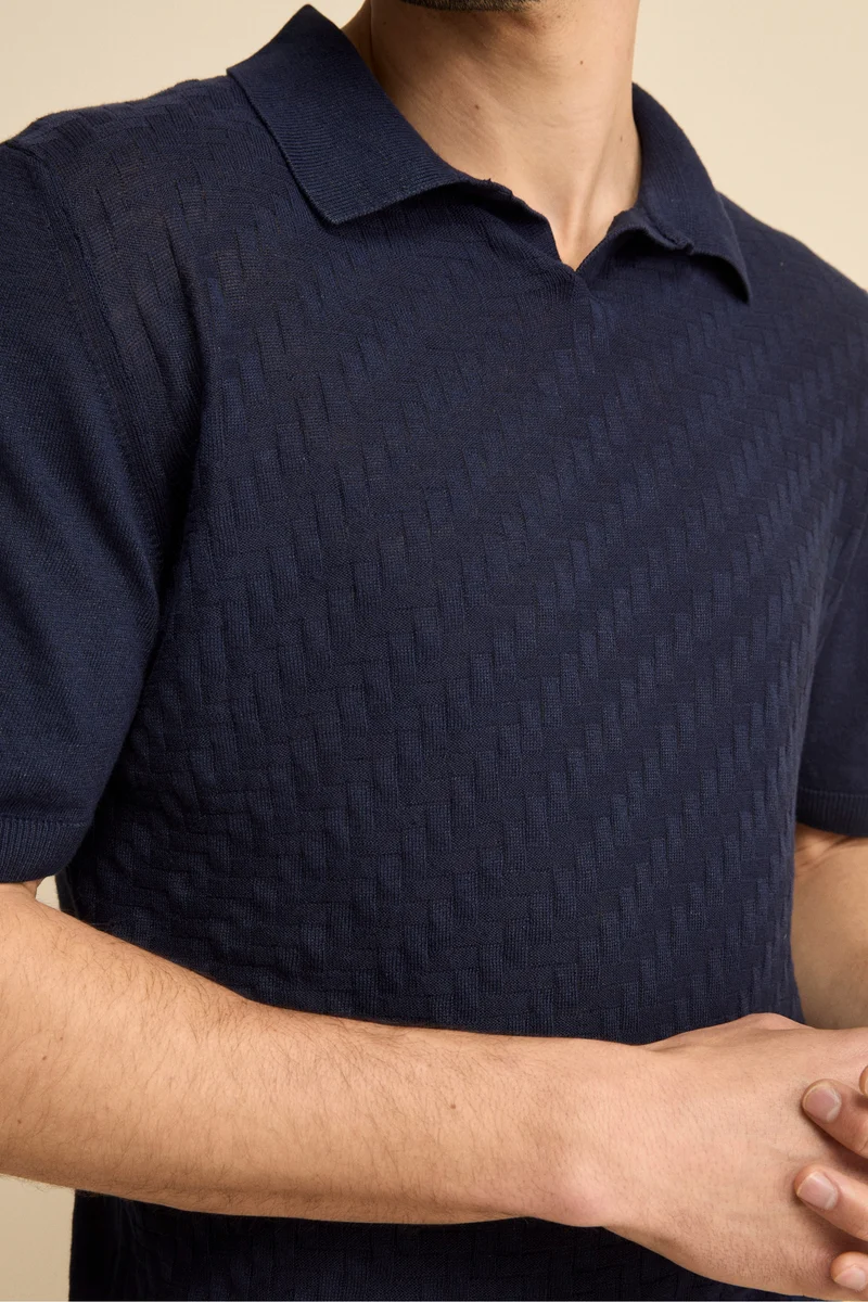 Polo Derby Mezza Manica in Misto Lino - NAVY