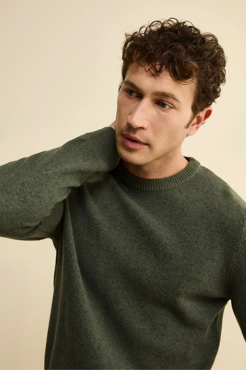 Maglia Girocollo Mouliné in Lana Merino Extrafine - VERDE MILITARE
