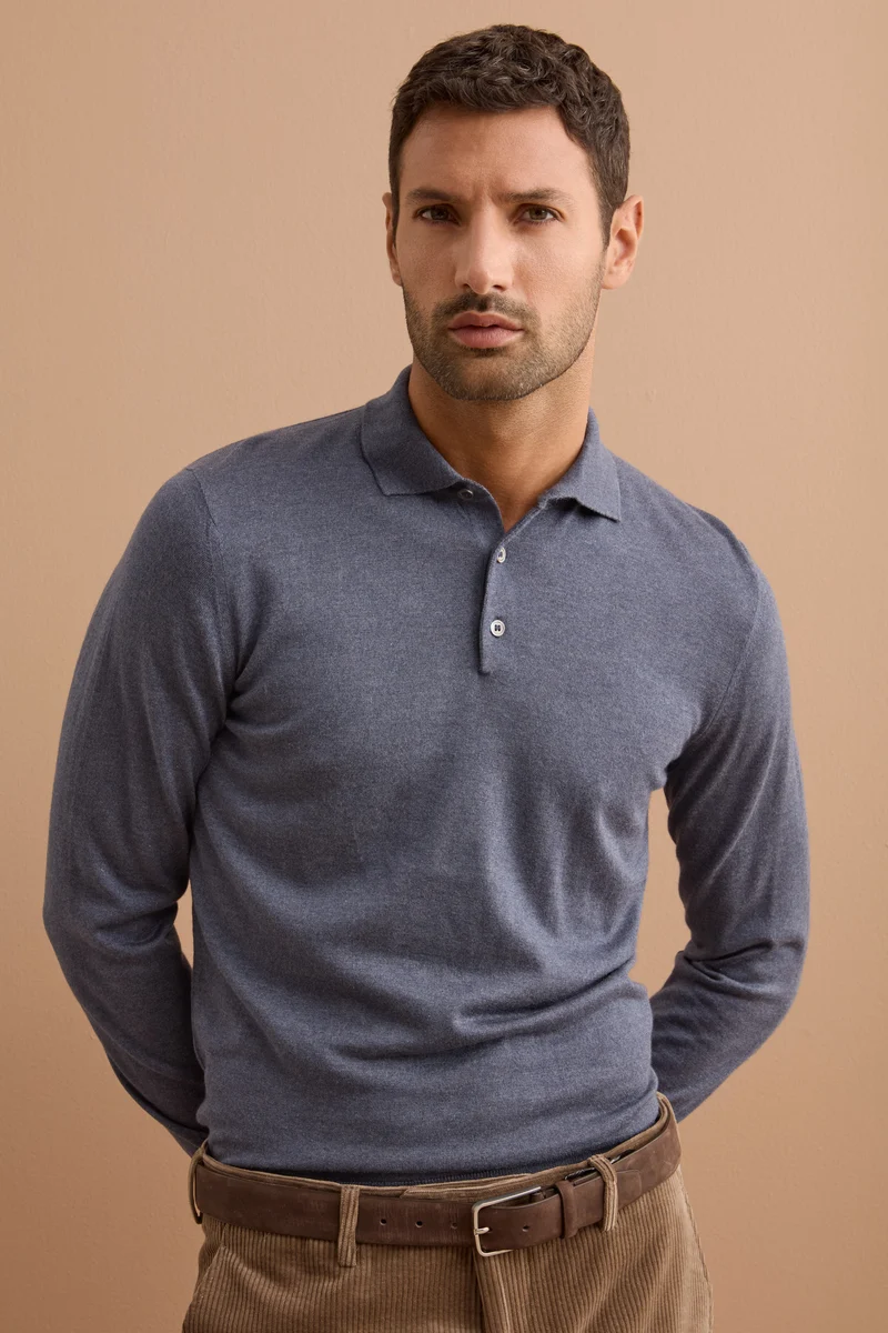Polo con Bottoni in Seta e Cashmere - BLU GRIGIO