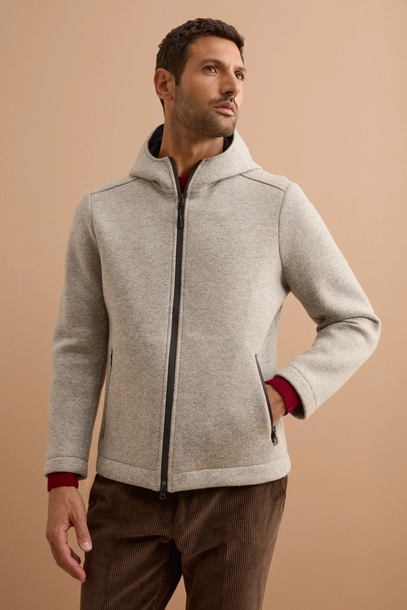 Giubbotto in Lana con Cappuccio e Zip - GRIGIO MEDIO