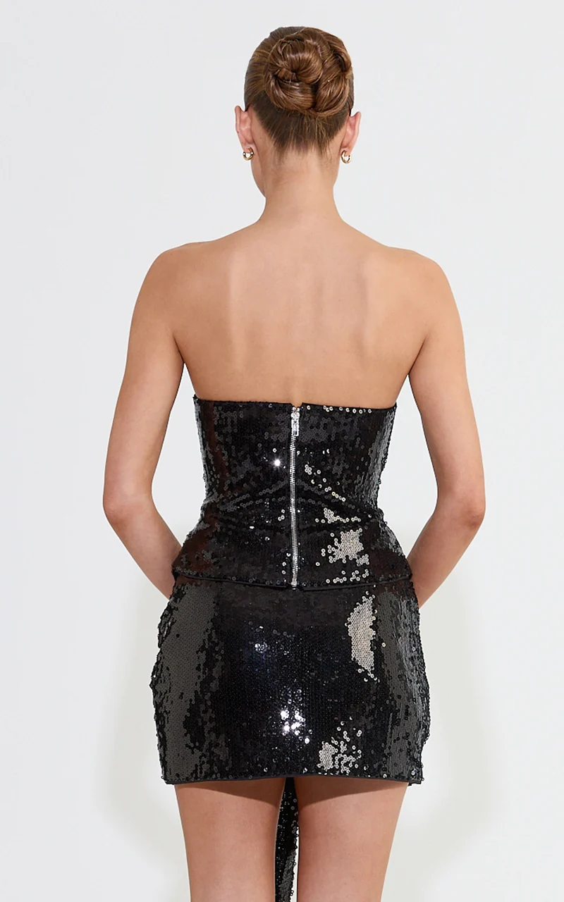 Rose Top - Sequin Strapless Square Neck Top in Black