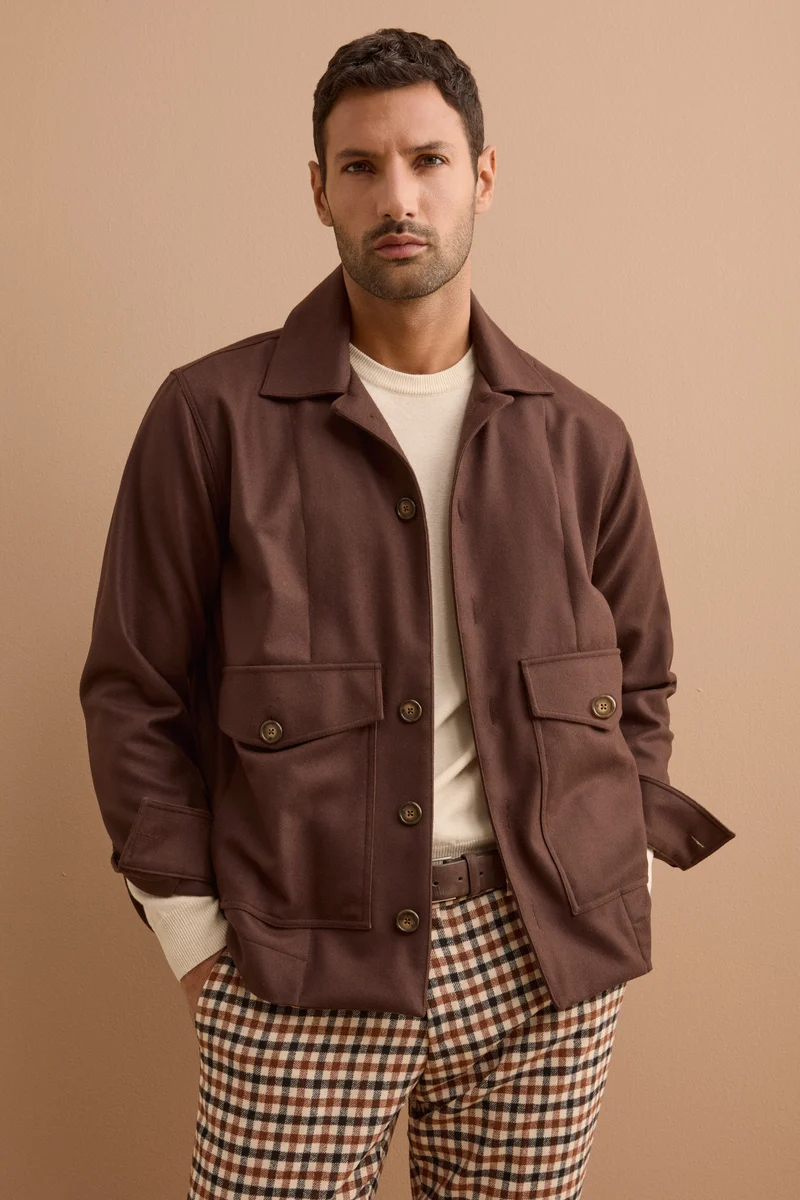 Giubbotto Overshirt in Misto Lana con Tasche - CIOCCOLATO