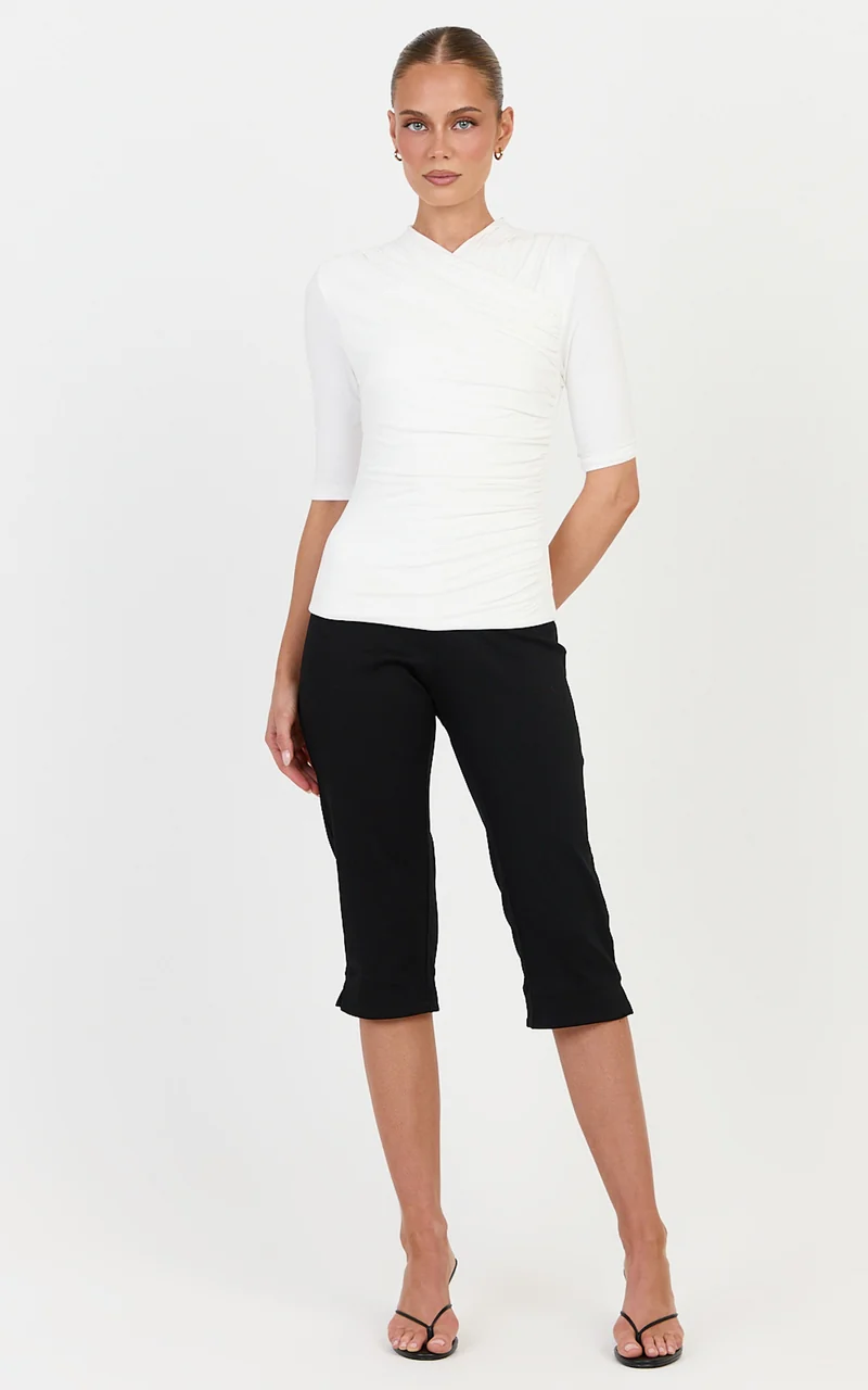 Tess Top - Cotton Blend Wrap V Neck Short Sleeve Top in Ivory