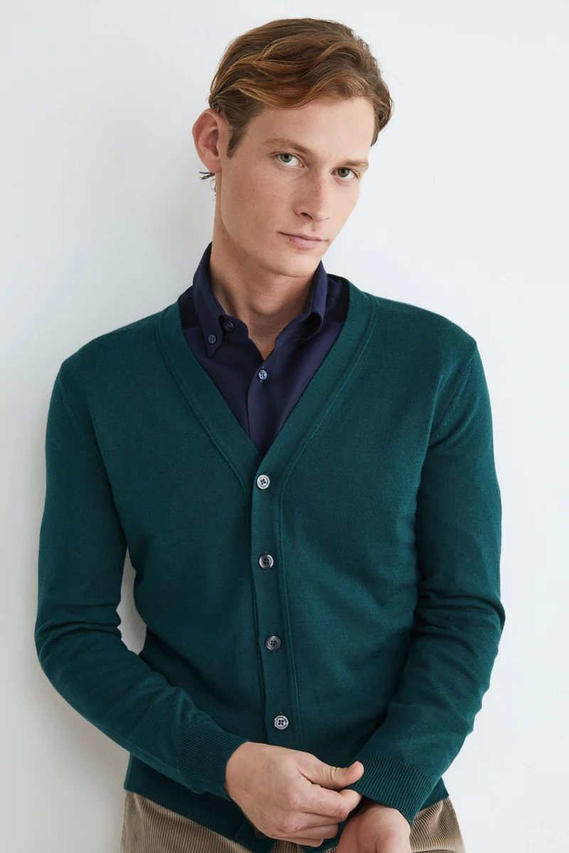 Cardigan in lana con bottoni - VERDE SCURO