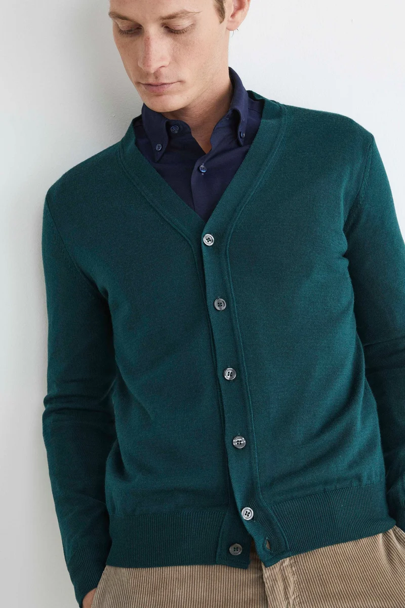Cardigan in lana con bottoni - VERDE SCURO