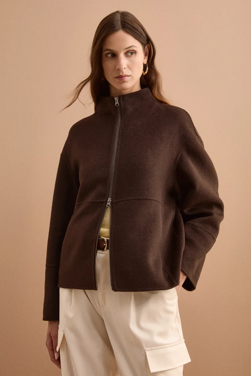 Bomber Boxy con Zip Sfoderato in Misto Lana - MARRONE