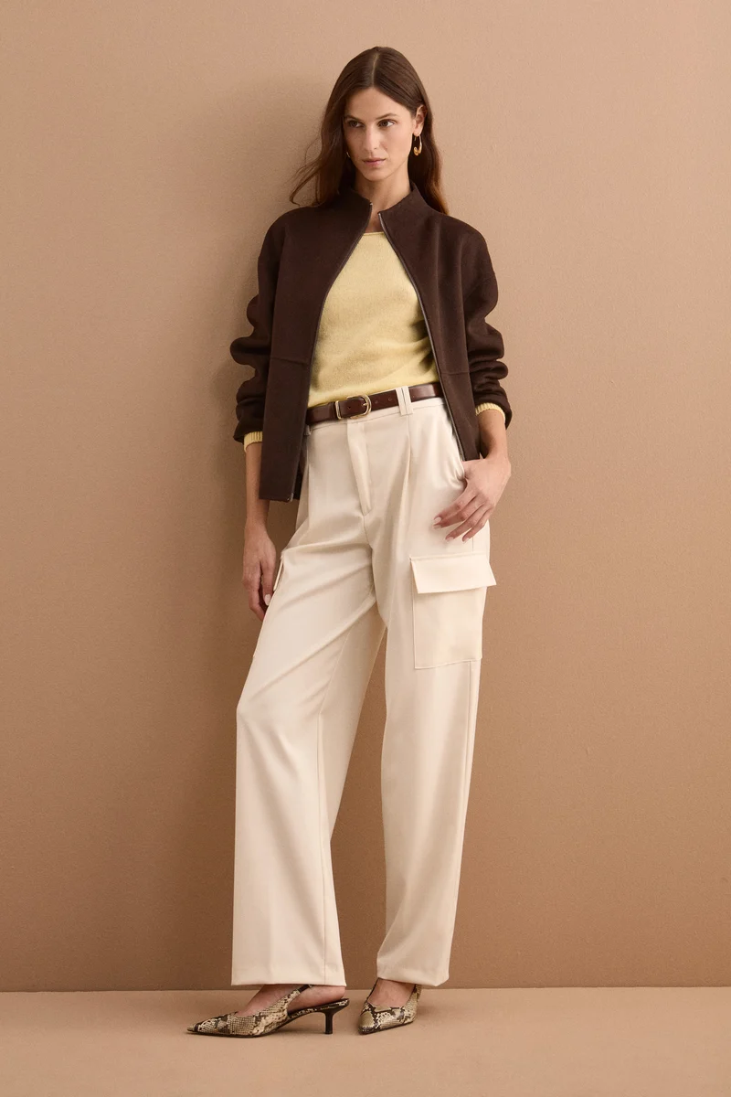Bomber Boxy con Zip Sfoderato in Misto Lana - MARRONE