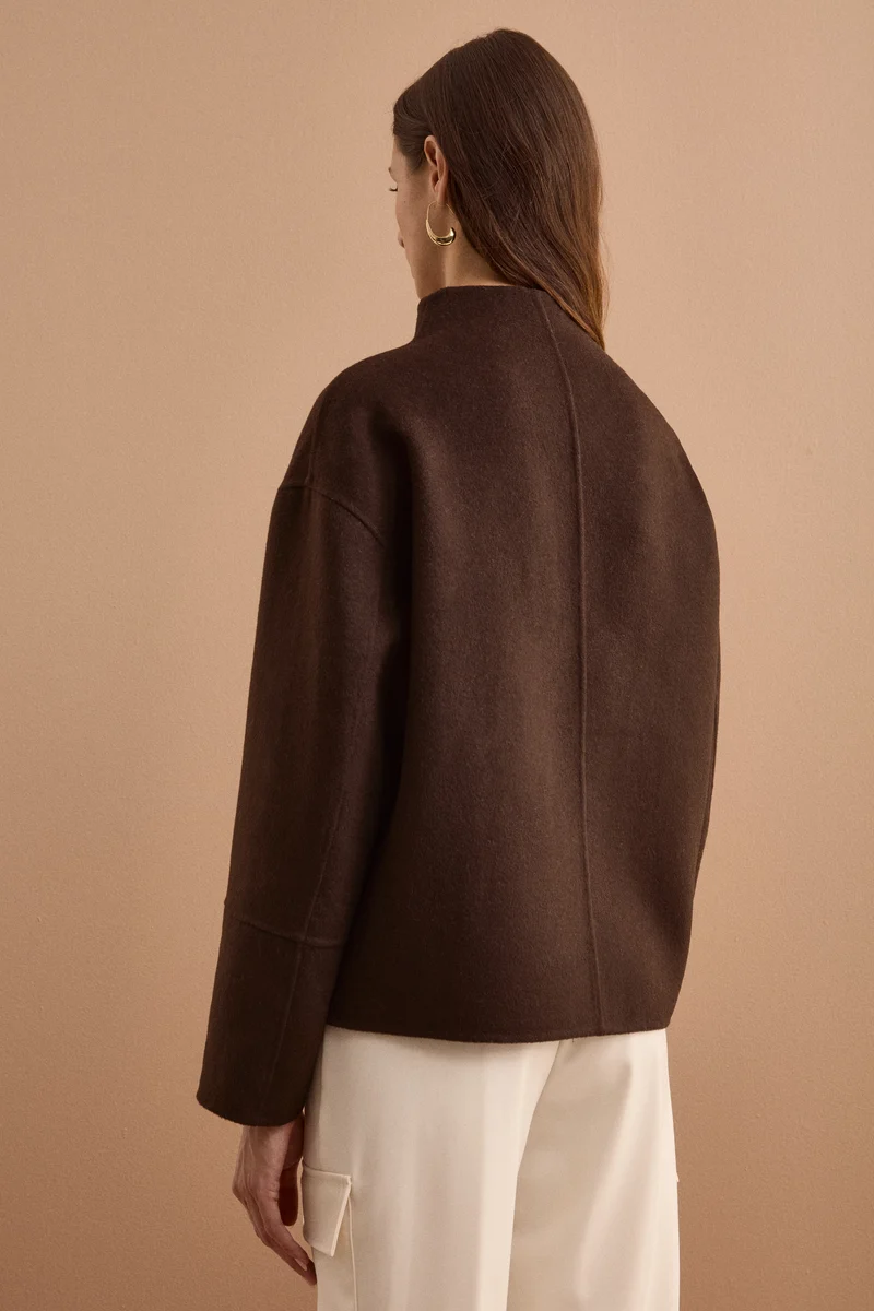 Bomber Boxy con Zip Sfoderato in Misto Lana - MARRONE