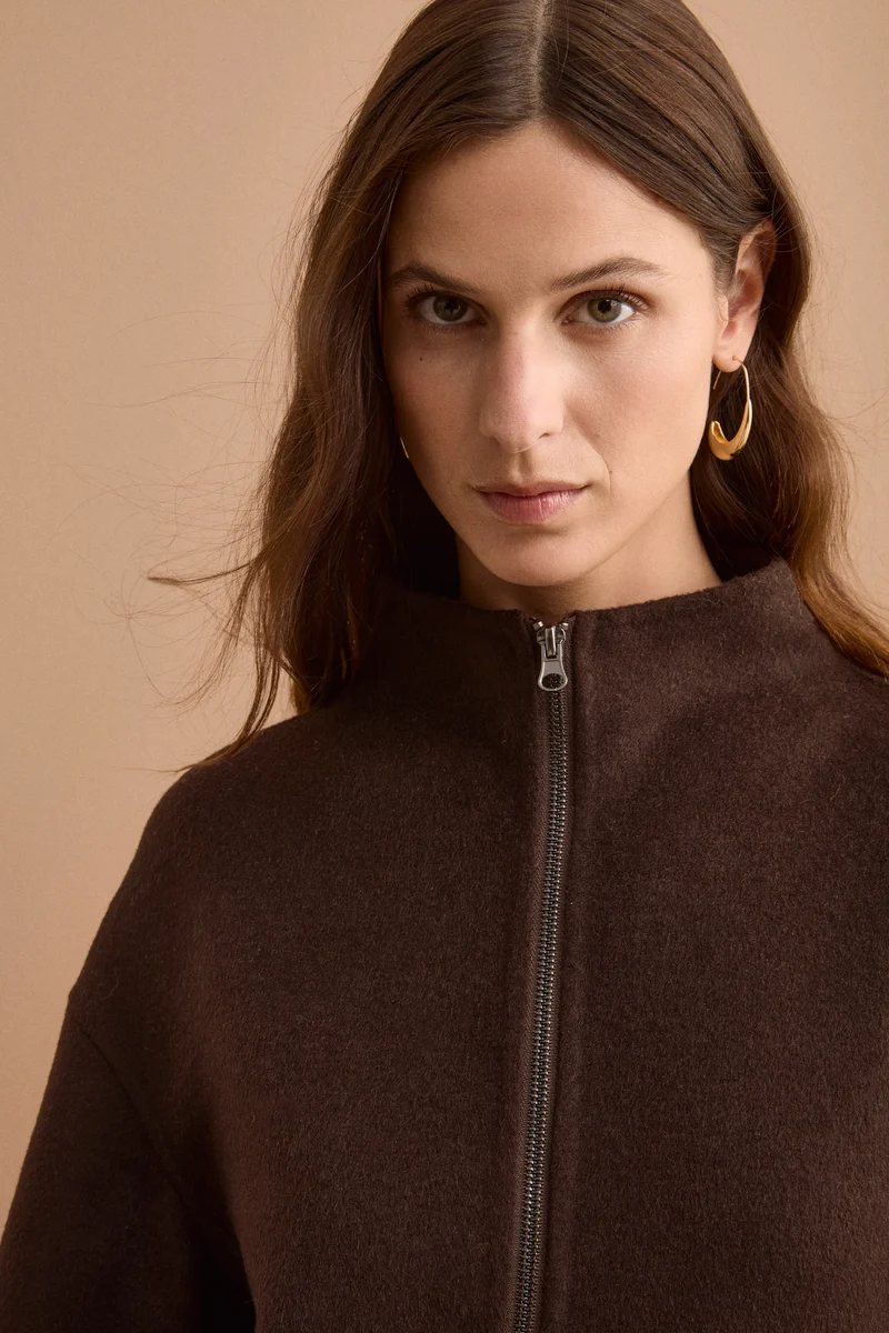 Bomber Boxy con Zip Sfoderato in Misto Lana - MARRONE