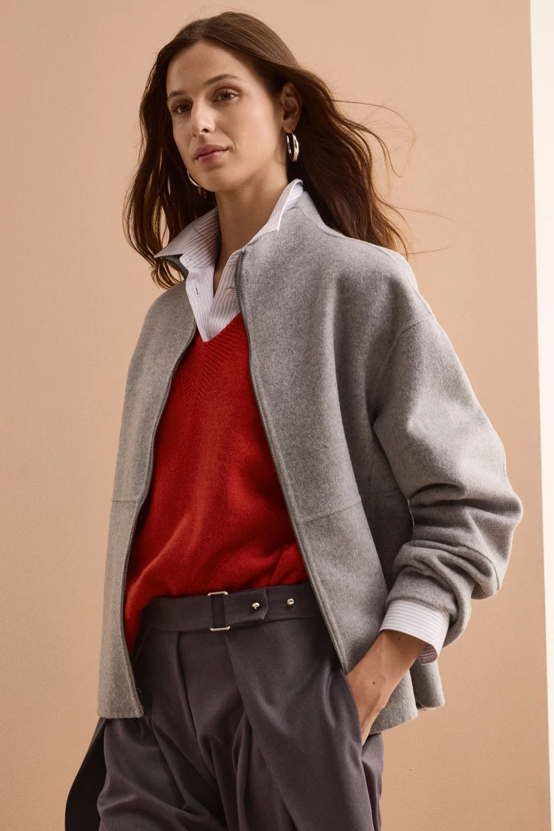 Bomber Boxy con Zip Sfoderato in Misto Lana - GRIGIO
