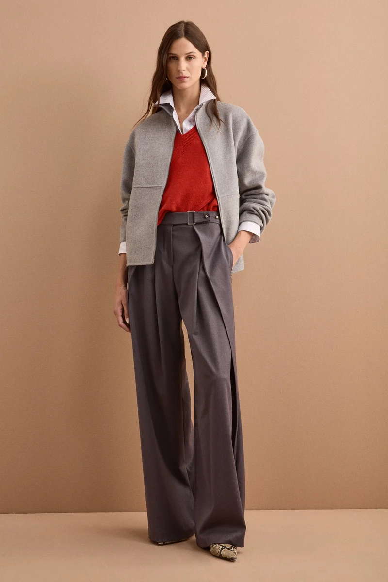 Bomber Boxy con Zip Sfoderato in Misto Lana - GRIGIO
