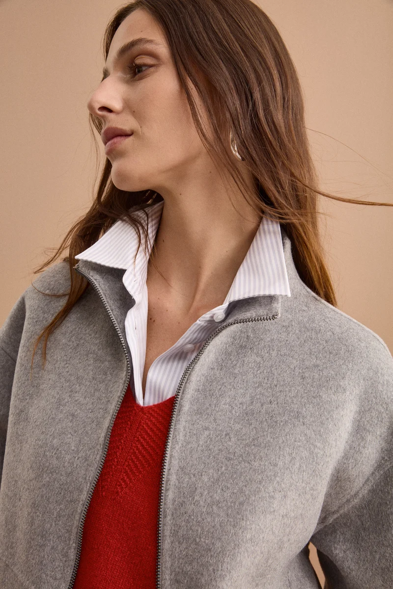 Bomber Boxy con Zip Sfoderato in Misto Lana - GRIGIO