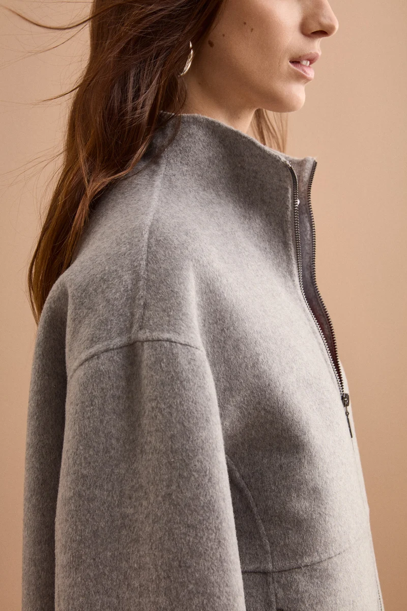 Bomber Boxy con Zip Sfoderato in Misto Lana - GRIGIO