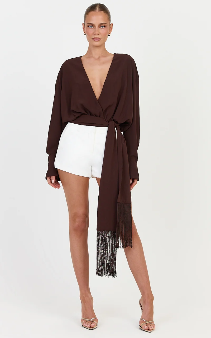 Ariette Bodysuit - Plunge Neck Tassel Detail Belt Bodysuit in Chocolate