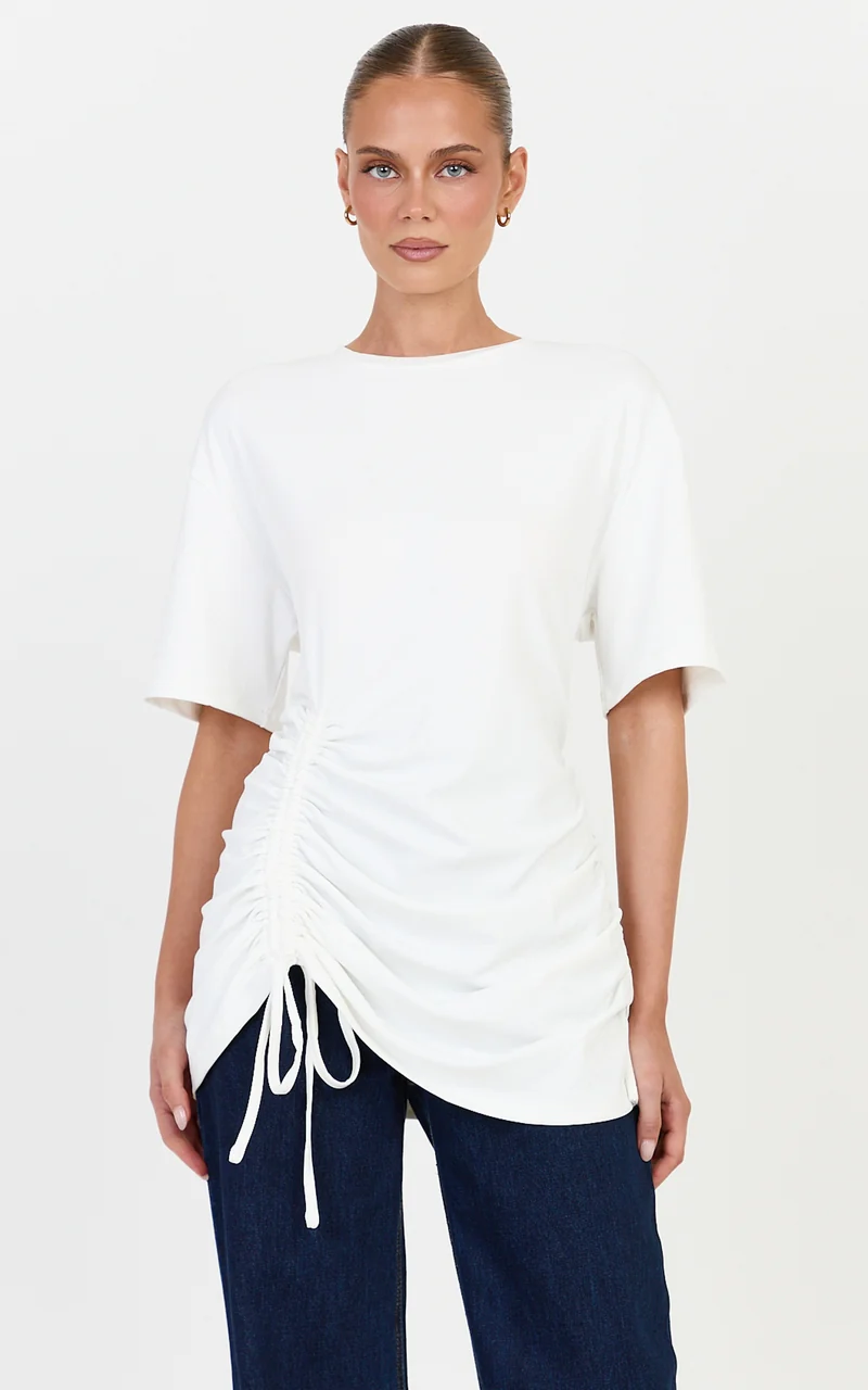 June Top - Longline T Shirt With Ruched Detail in Ivory