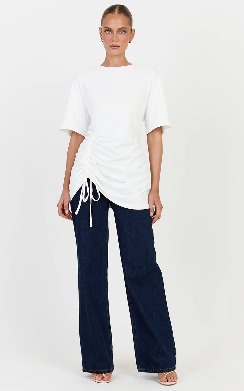 June Top - Longline T Shirt With Ruched Detail in Ivory
