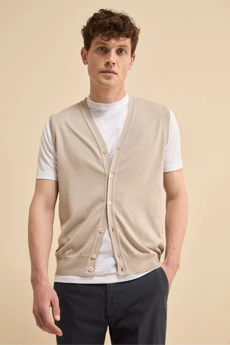 Gilet Scollo a V con Bottoni in Cotone - SABBIA