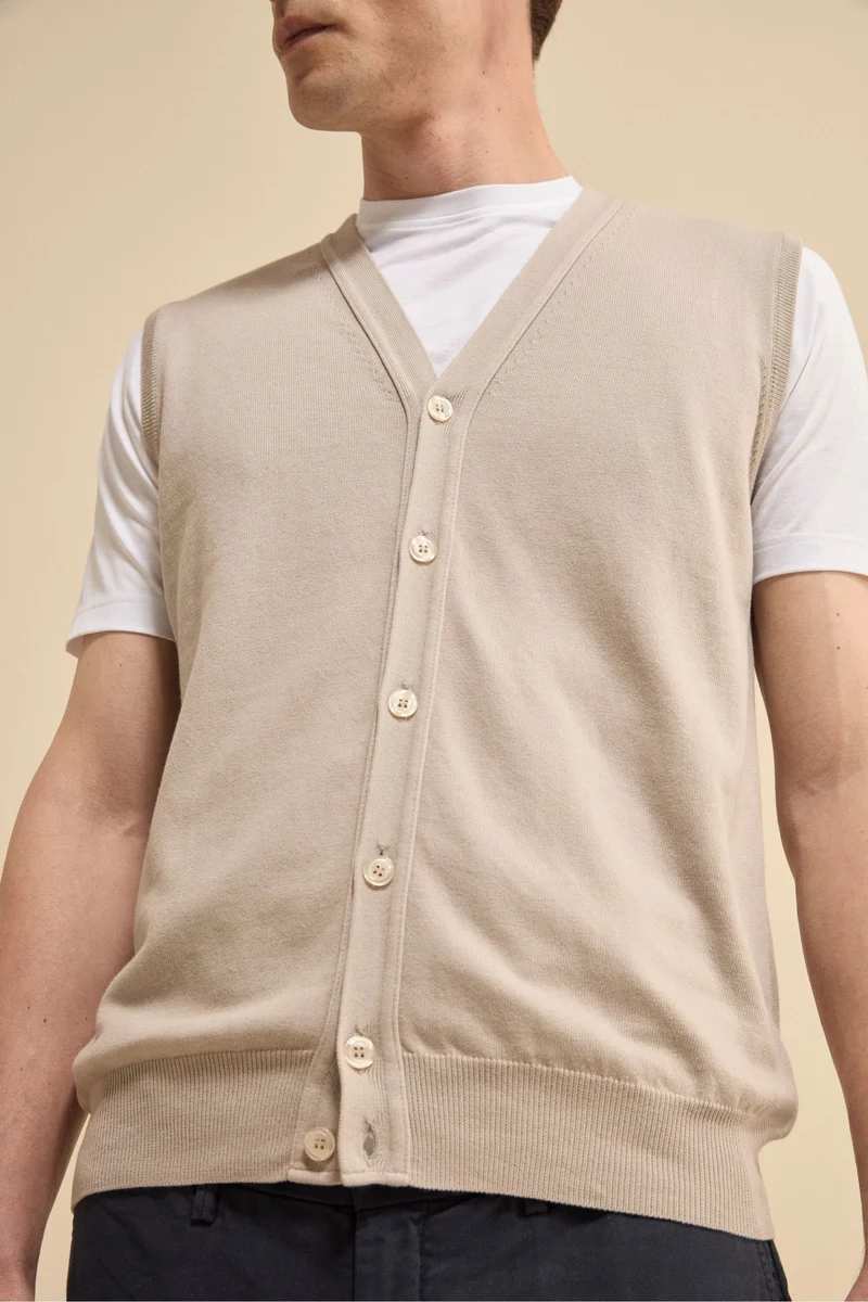 Gilet Scollo a V con Bottoni in Cotone - SABBIA