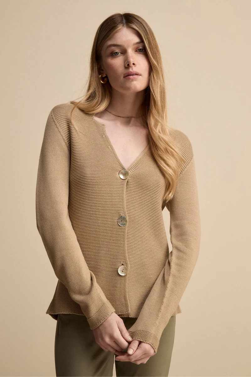 Cardigan Links Scollo a V in Cotone - BEIGE