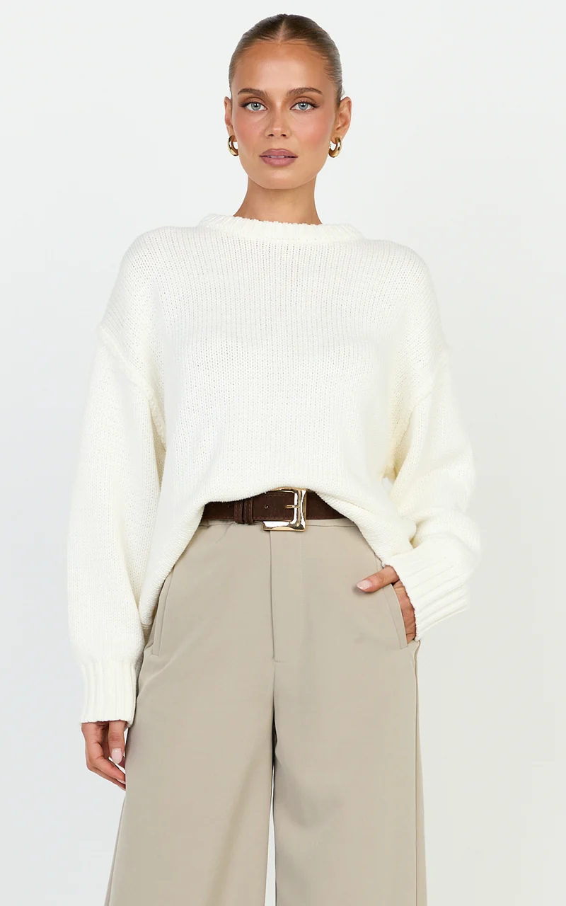 Kira Jumper - Crew Neck Oversized Knit Jumper in White