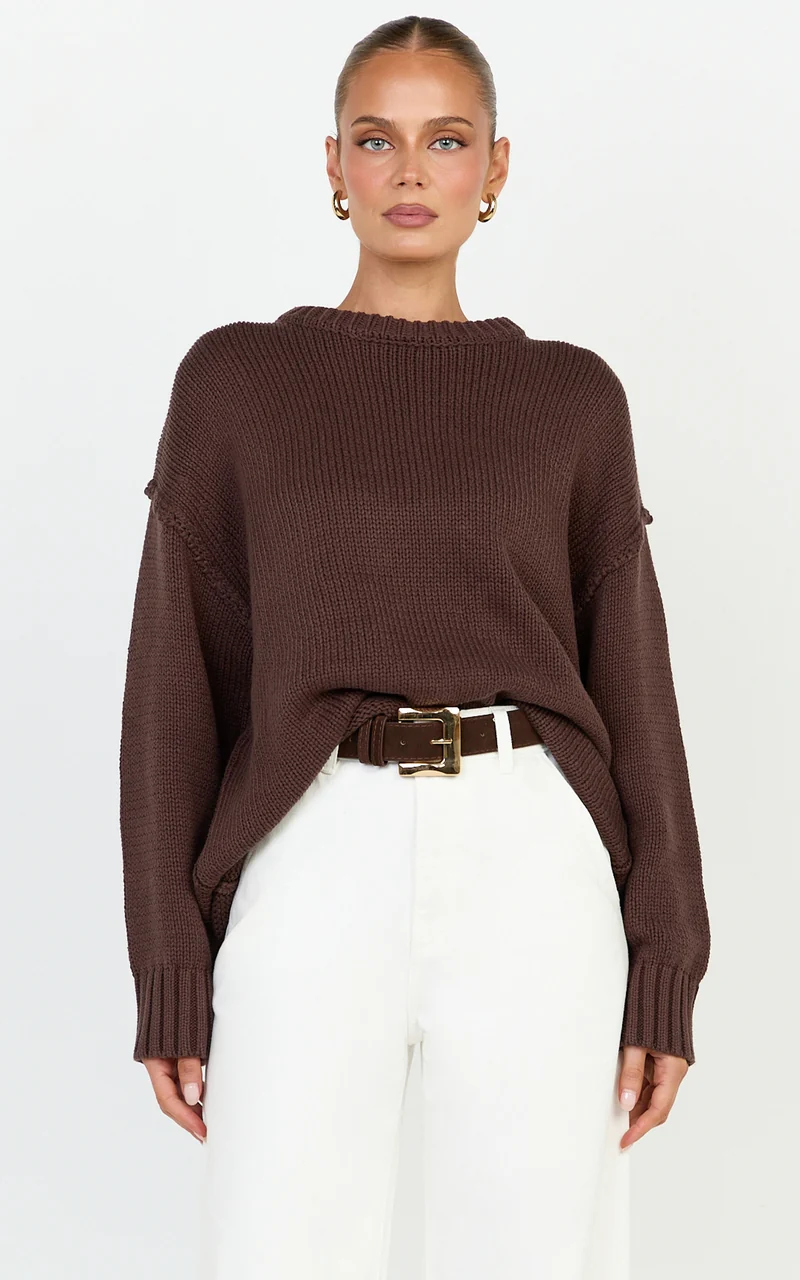 Kira Jumper - Crew Neck Oversized Knit Jumper in Chocolate