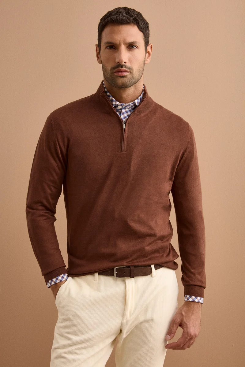 Lupetto Mezza Zip in Seta e Cashmere - MARRONE