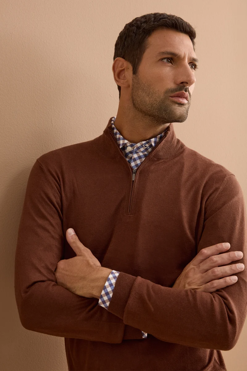 Lupetto Mezza Zip in Seta e Cashmere - MARRONE