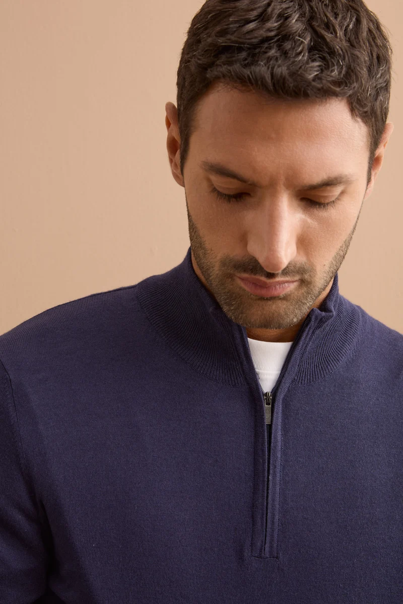 Lupetto Mezza Zip in Seta e Cashmere - BLU NOTTE