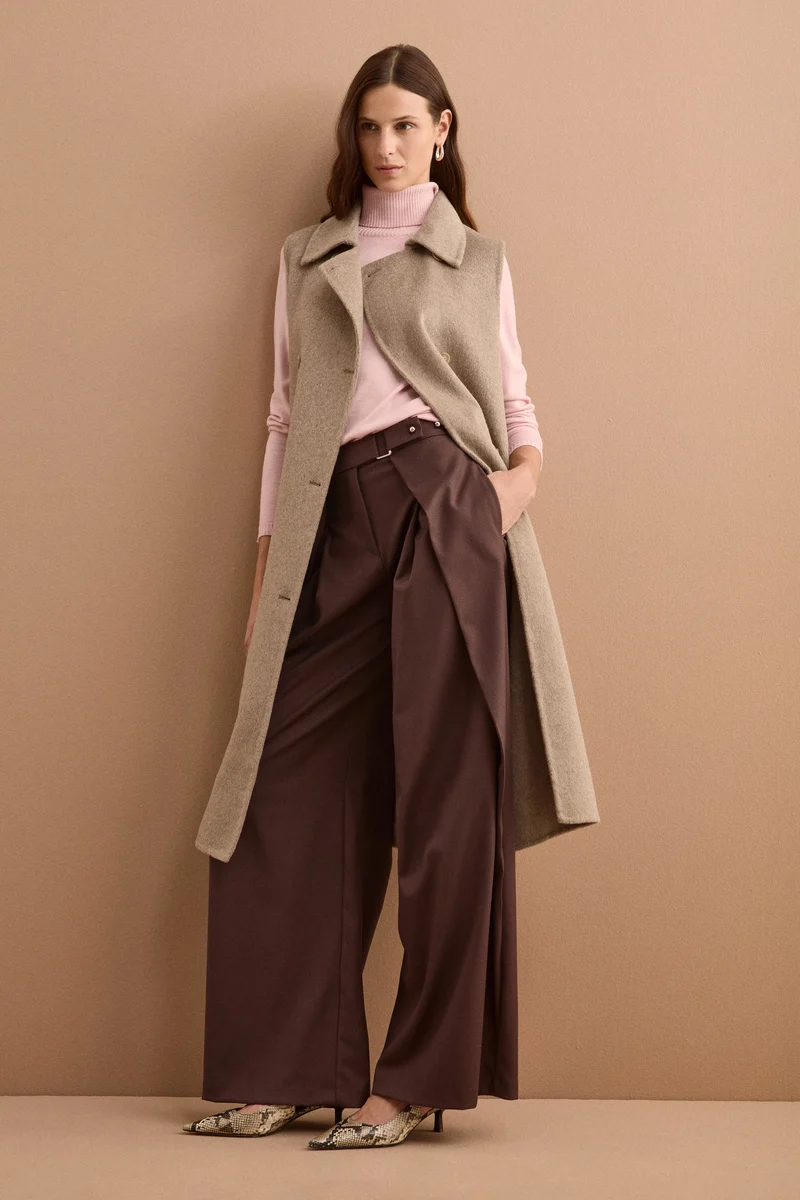 Gilet Lungo Doppiopetto in Misto Lana Double - TORTORA