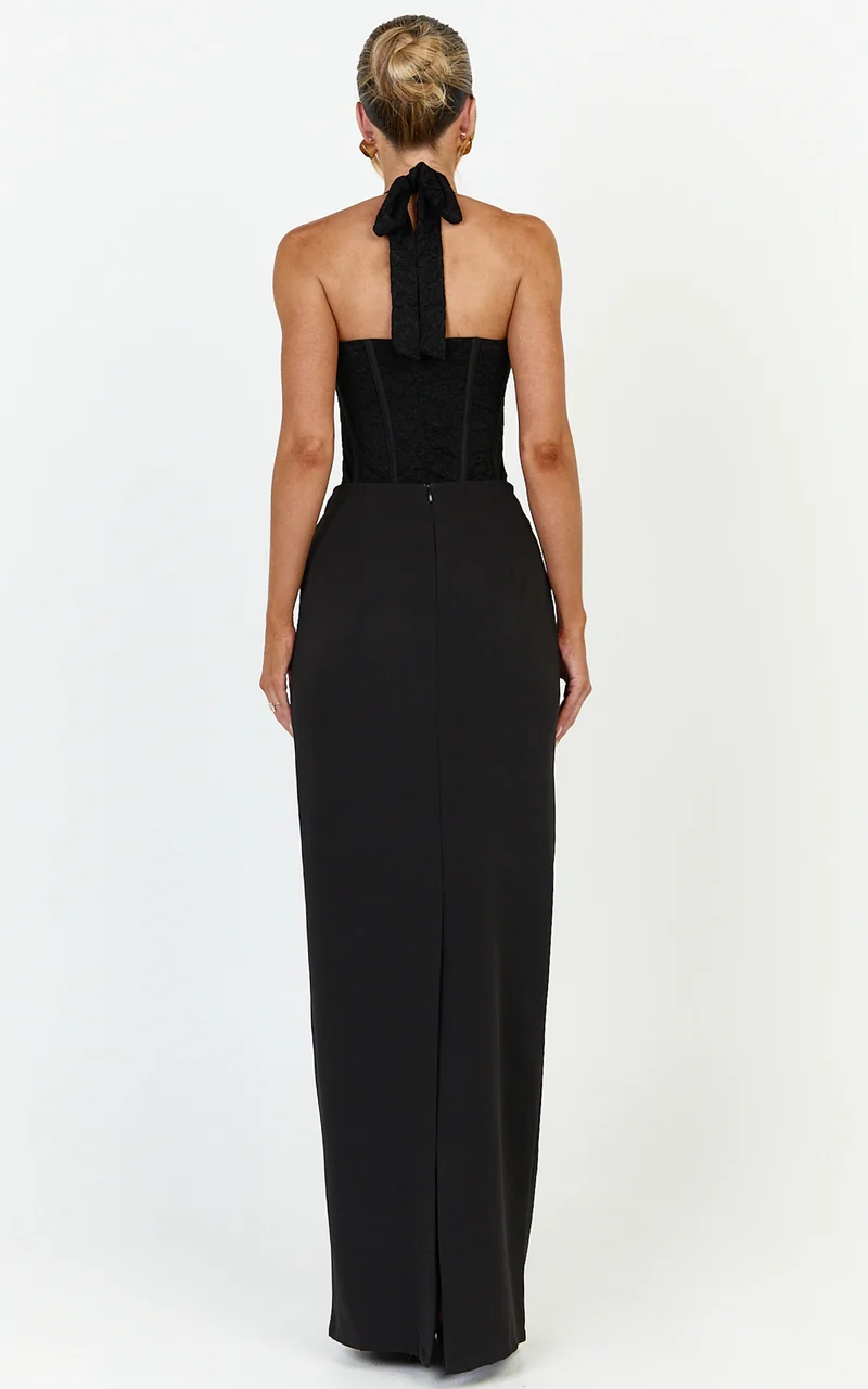 Malia Bodysuit - Lace Corset Halter Bodysuit in Black