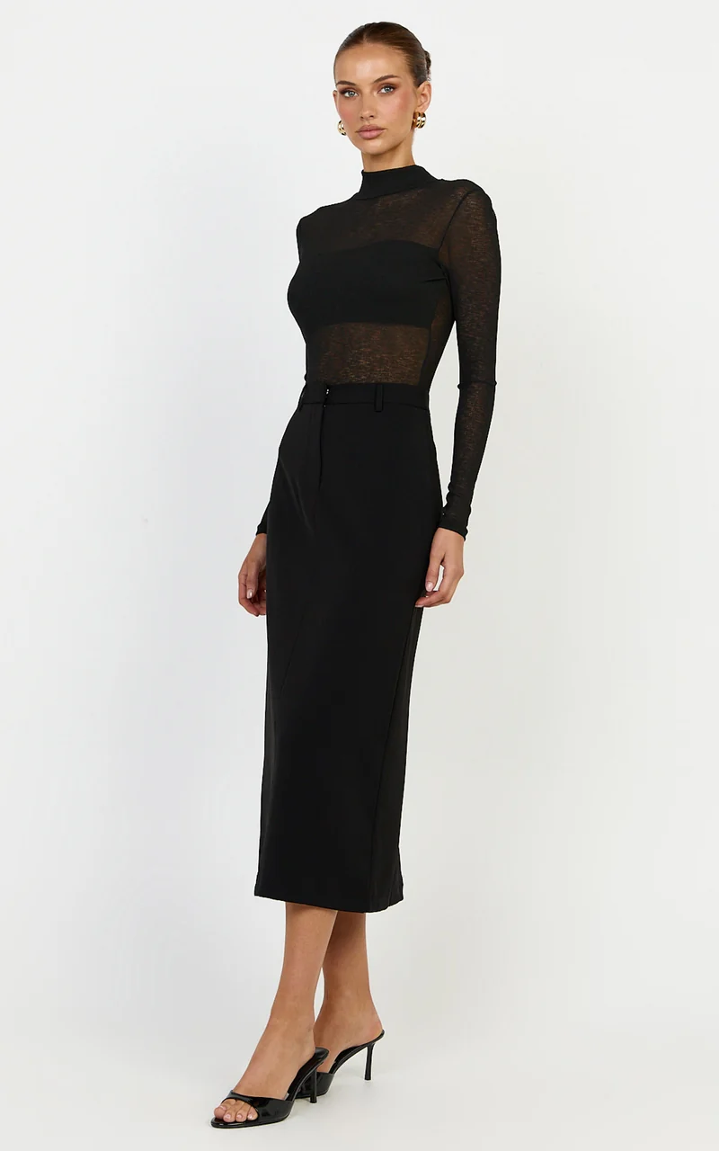 Willa Bodysuit - High Neck Sheer Bodysuit in Black