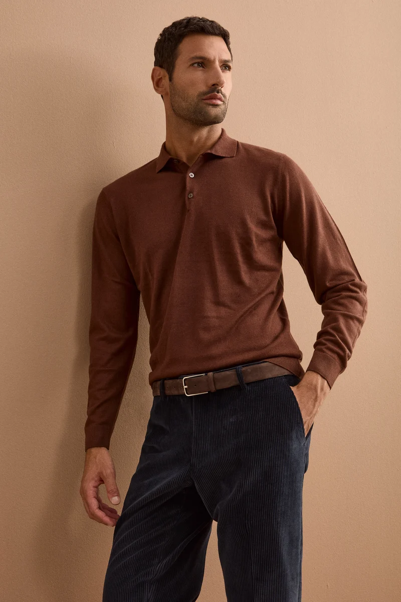 Polo con Bottoni in Seta e Cashmere - MARRONE