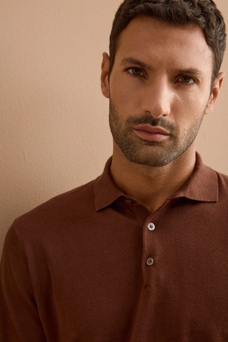 Polo con Bottoni in Seta e Cashmere - MARRONE