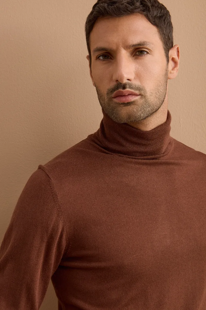 Maglia dolcevita in seta e cashmere - MARRONE
