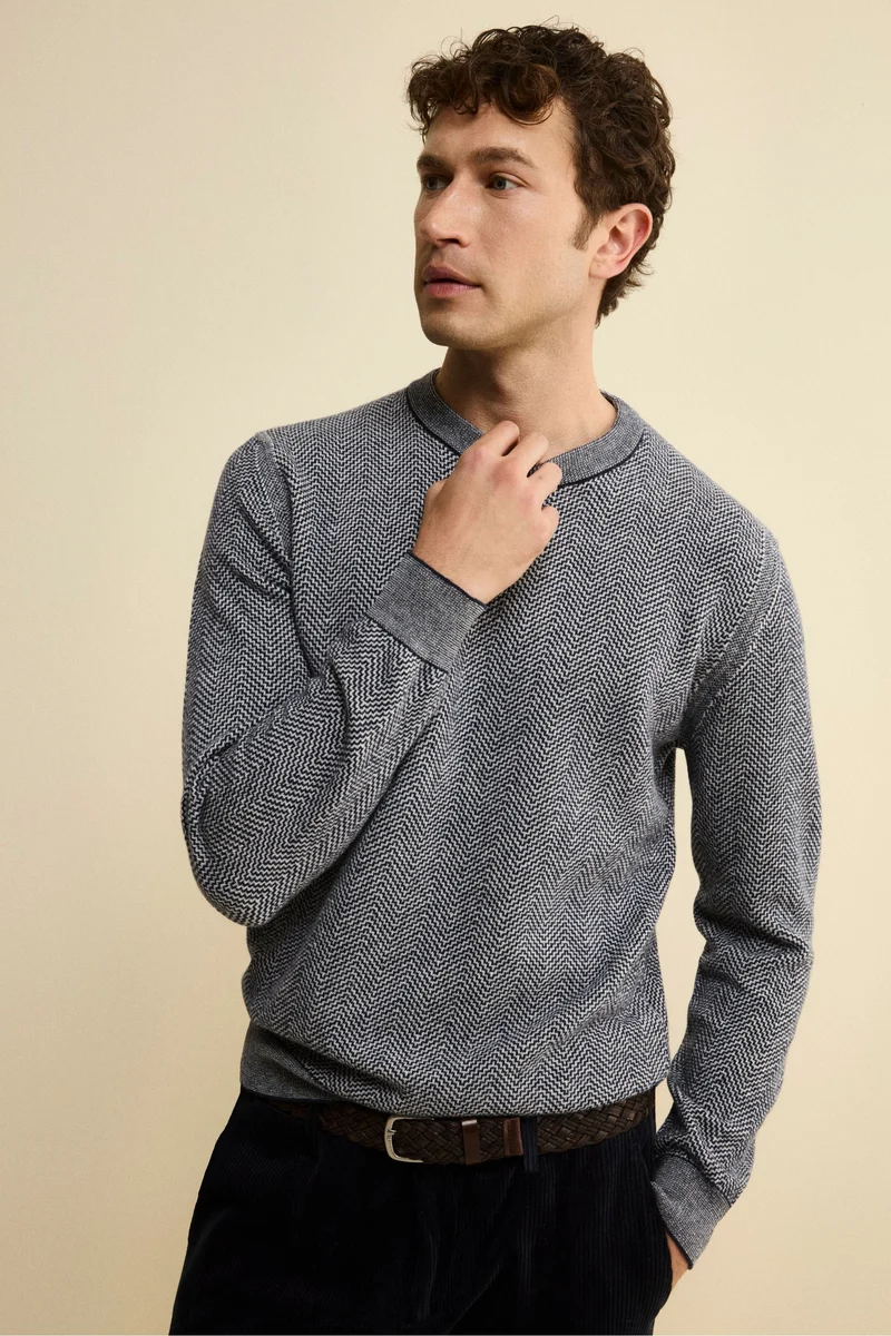 Girocollo Jacquard in Lana e Cashmere - BLU/LATTE
