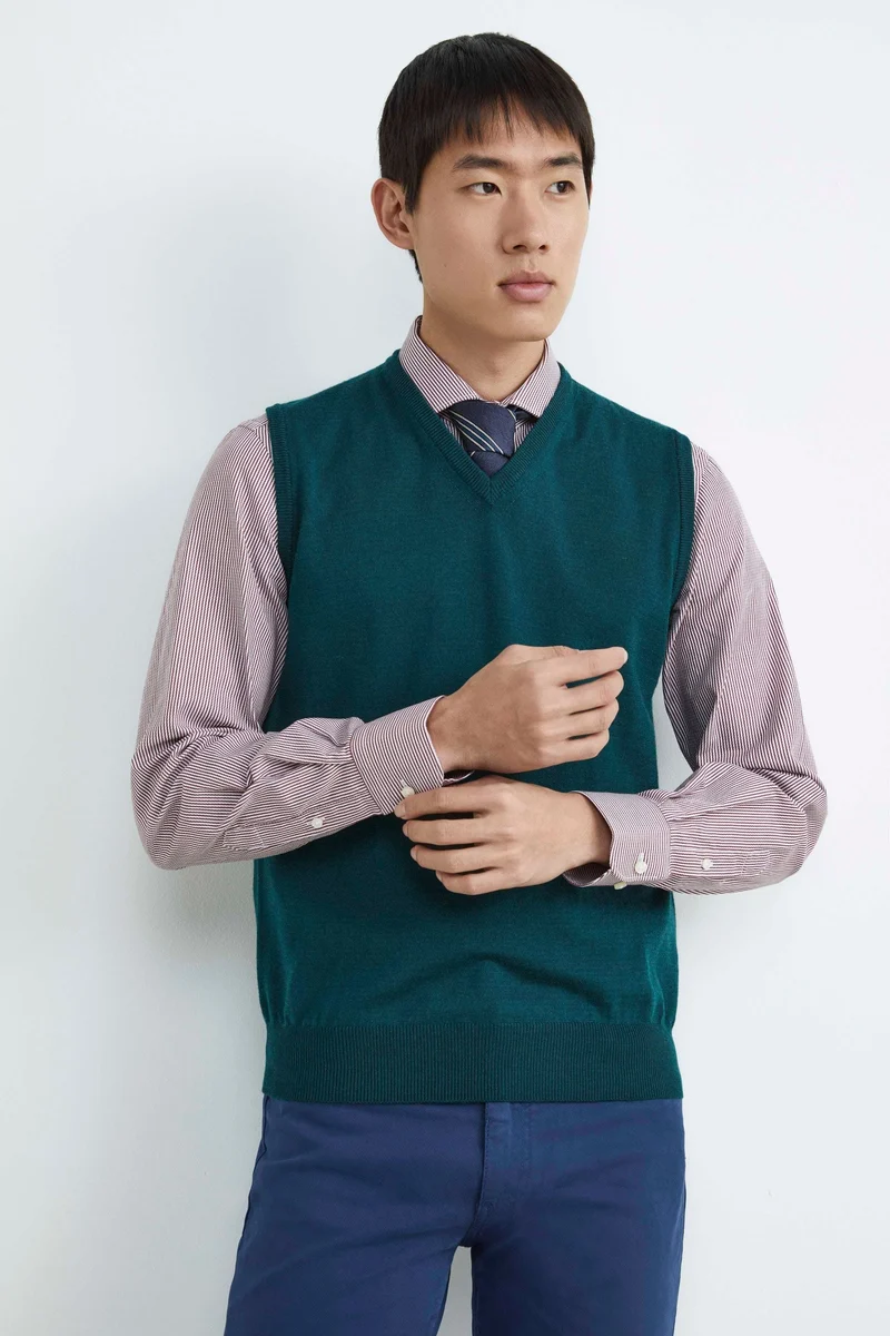 Gilet in lana scollo a V - VERDE SCURO