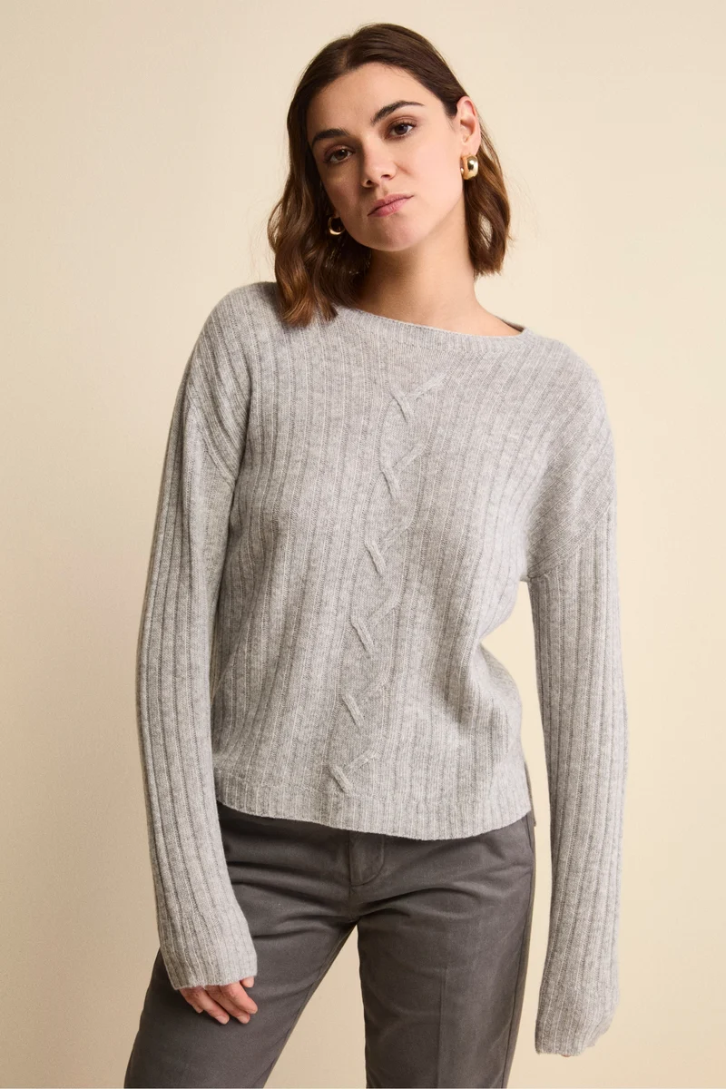 Maglia Barchetta Lavorata in Lana e Cashmere - GRIGIO CHIARO