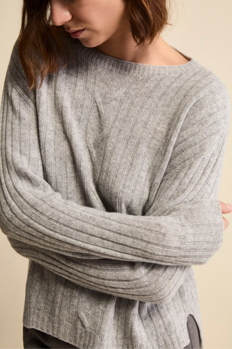 Maglia Barchetta Lavorata in Lana e Cashmere - GRIGIO CHIARO