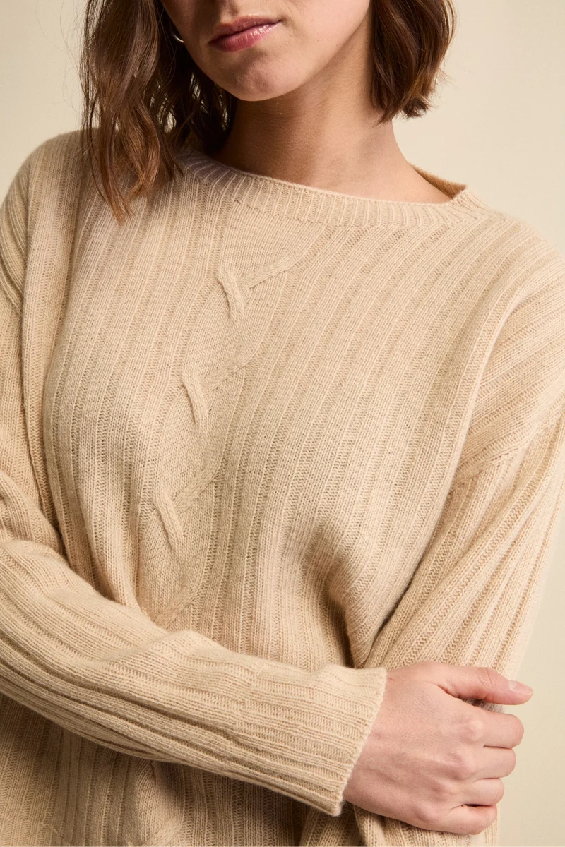 Maglia Barchetta Lavorata in Lana e Cashmere - BEIGE