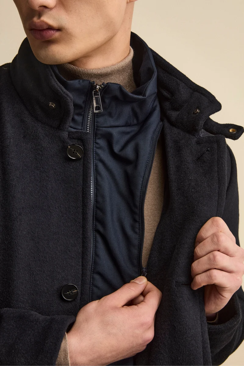 Cappotto Midi in Misto Lana con Pettorina Removibile - BLU