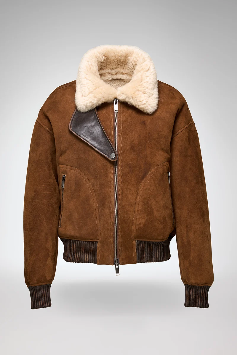 Tricia – Jacke aus tabakfarbenem Wildleder und Lammfell