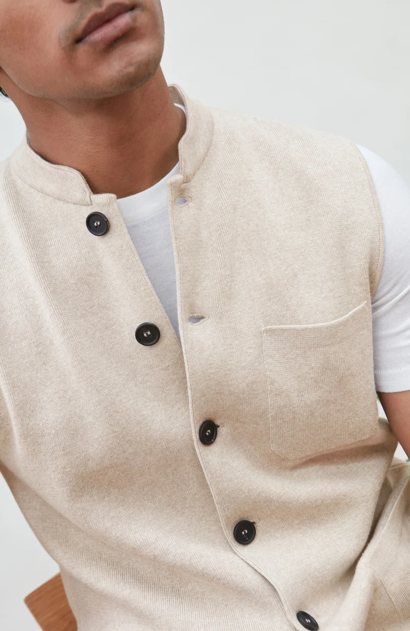 Mens Midweight Cotton Knitted Nehru Waistcoat