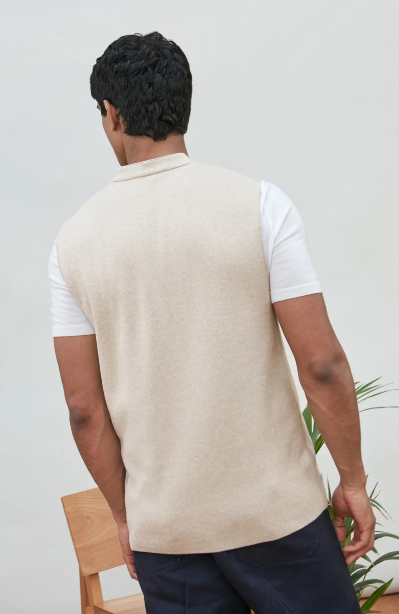 Mens Midweight Cotton Knitted Nehru Waistcoat