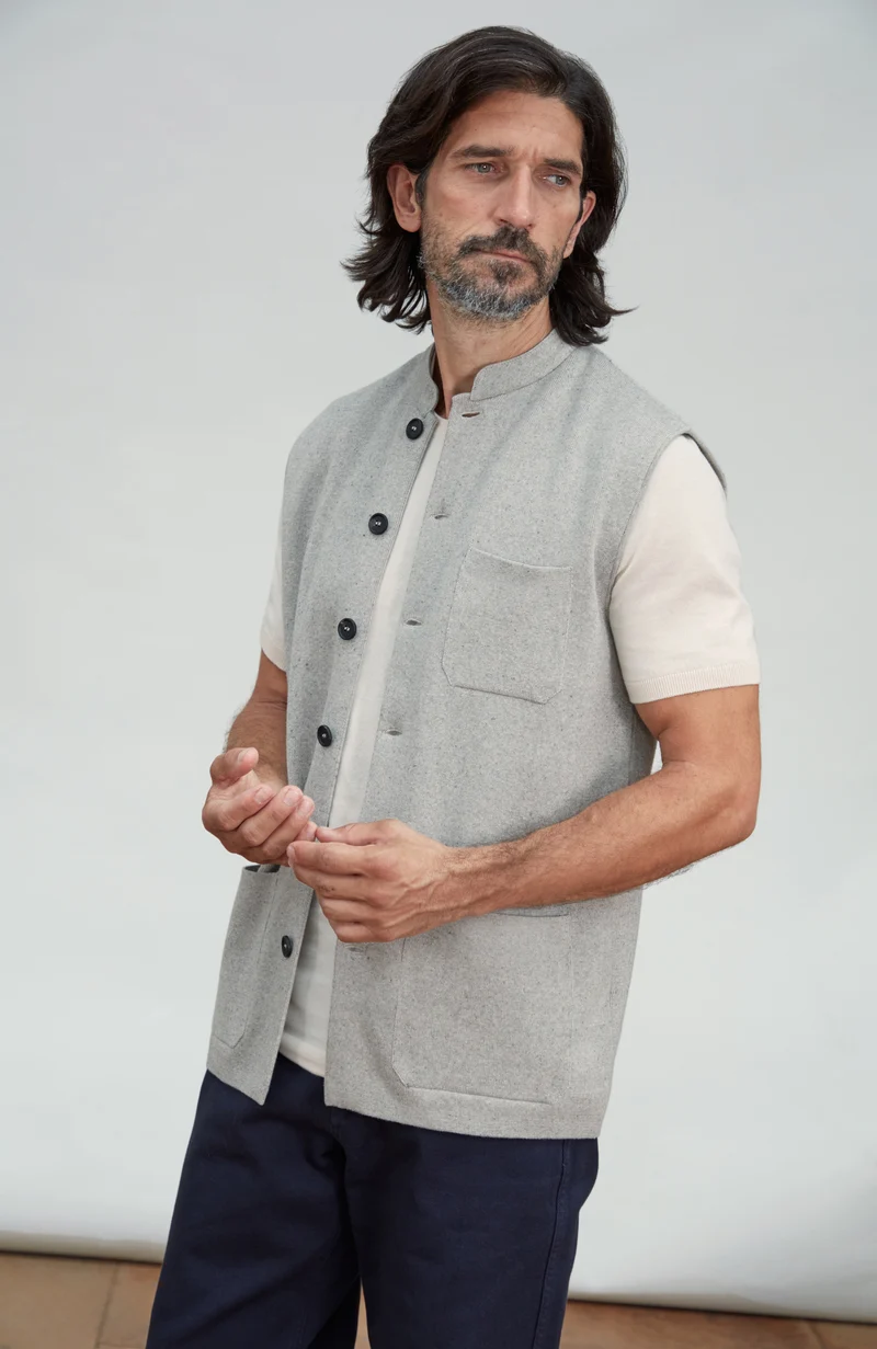 Mens Midweight Cotton Knitted Nehru Waistcoat