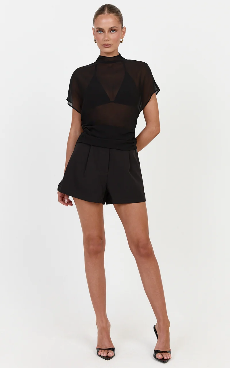 Oriel Top - Sheer Funnel Neck Short Sleeve Top With Waist Gathers in Black