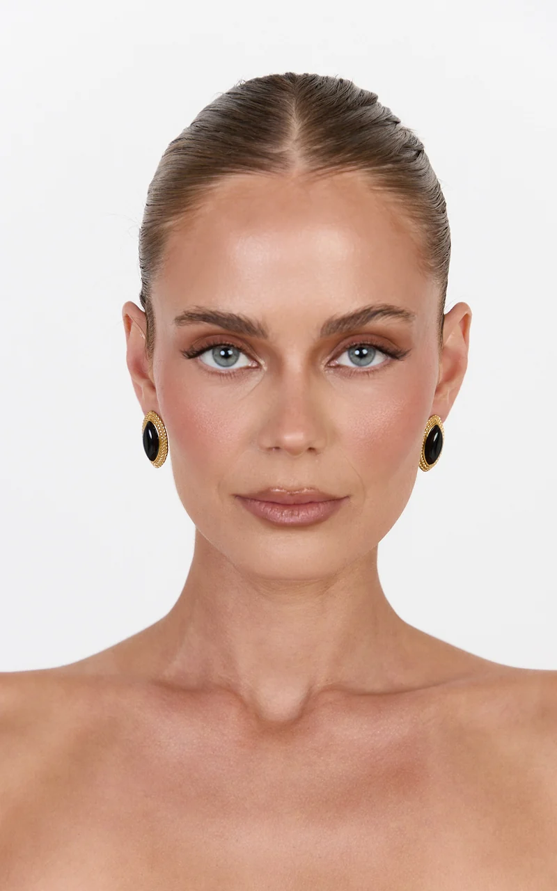 Romy Earrings - Oval Stud Earrings in Gold Plated 18k - Black