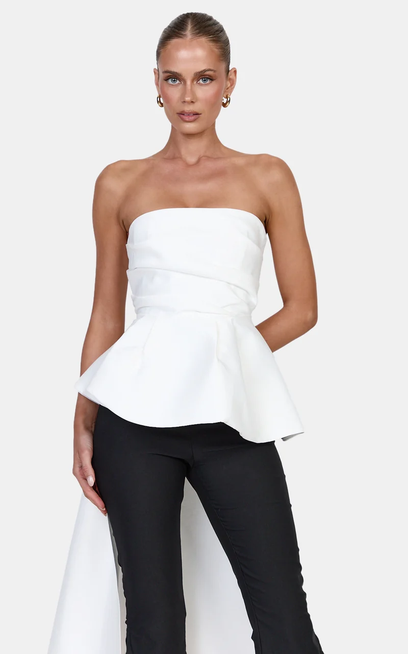 Scarlett Top - Strapless Asymmetric Peplum Top With Draped Sash in White