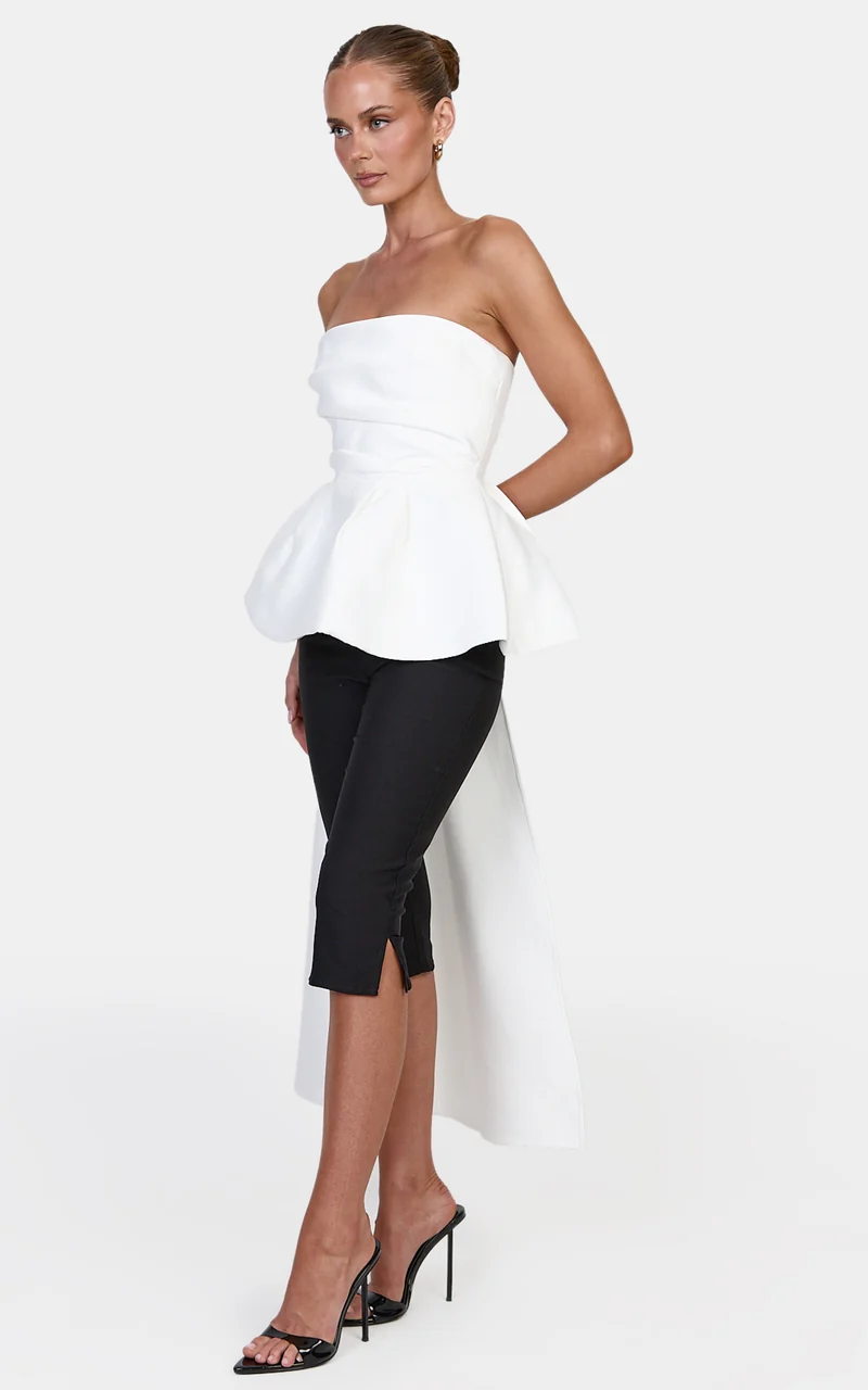 Scarlett Top - Strapless Asymmetric Peplum Top With Draped Sash in White